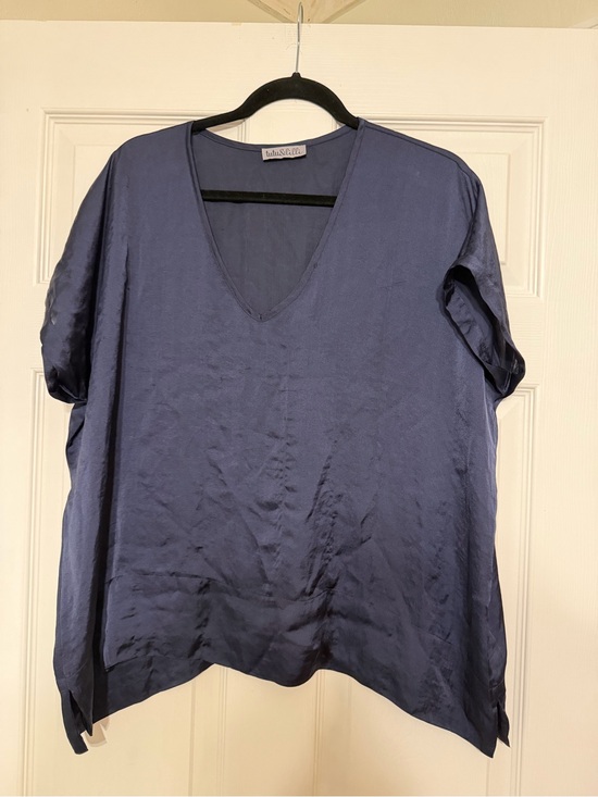 None Tops - lulu & lilli Blue Satin V-Neck Short Sleeve Blouse Top